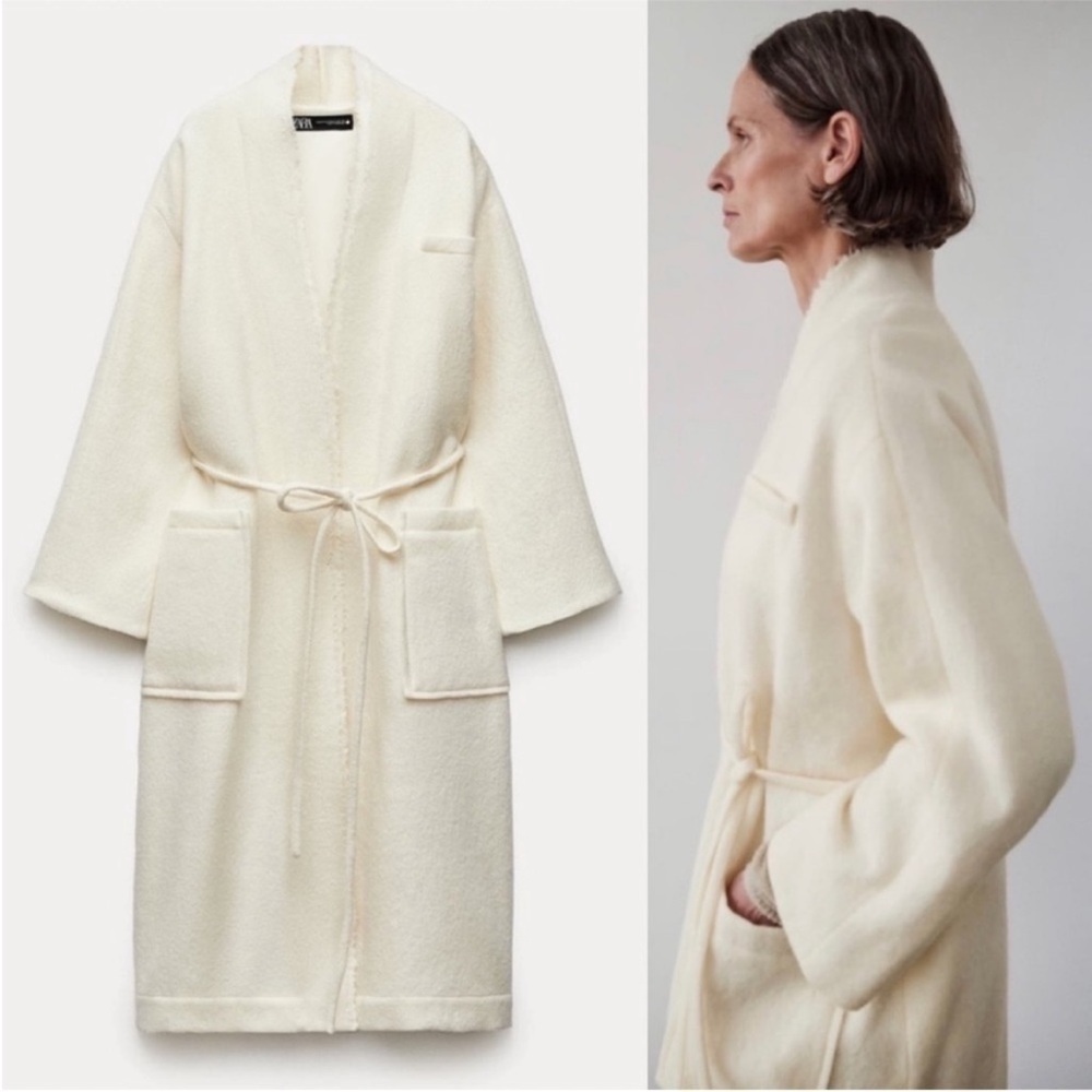 NEW! Zara- Off White Wrap Drop Shoulder ZW Collection Wool Coat NWT Size M/L
